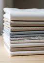 A stack of folded fabric in various neutral shades, including beige, gray, and white, lies on a Royalty Free Stock Photo