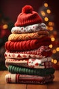 Stack of folded knitted Christmas turtleneck sweaters or pullovers with hat on red background with garland lights Royalty Free Stock Photo