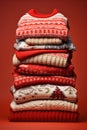 Stack of folded knitted Christmas turtleneck sweaters or pullovers with nordic ornament on red background Royalty Free Stock Photo
