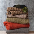 Stack of folded knitted wool women sweaters, scarf, hat with pompom on shelf against gray wall. Season of warm knitwear