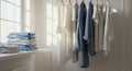 Sunlit room with various linen clothes hanging and neatly folded on white windowsill Royalty Free Stock Photo