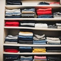 A stack of folded soft, smooth clothes. Multi-colored T-shirts lie on open shelves. Concept of diversity in the world, lifestyle, Royalty Free Stock Photo