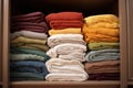 stack of folded towels in a linen closet