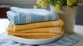 a stack of folded towels on a plate next to a potted plant and a vase with yellow flowers on a white table cloth with blue and Royalty Free Stock Photo