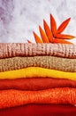 Stack of folded warm knitted women`s sweaters in warm colors and bright autumn leaves. Closeup. Copy space Royalty Free Stock Photo