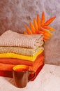 Stack of folded warm knitted women`s sweaters in warm colors, and a mug of tea and bright autumn leaves. Copy space Royalty Free Stock Photo