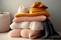 Stack of folded wool knitted baby clothes or blankets. Generative AI. Warm cozy clothes