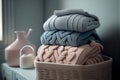 Stack of folded wool knitted baby clothes or blankets. Generative AI. Warm cozy clothes