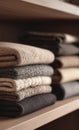Stack of folded wool sweaters in neutral tones on wooden shelf, showing cozy textures Royalty Free Stock Photo