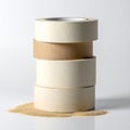 Stack Of Four Beige And Brown Paper Tape Rolls With Small Pile Of Sand On White Background Studio Lighting Royalty Free Stock Photo