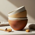 Stack of four ceramic bowls, each in varying earth tones from light beige to deep bro Royalty Free Stock Photo