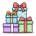 Stack of four colorful gift boxes with bows. The tallest box is blue with white polka dots, Royalty Free Stock Photo
