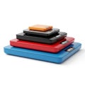 Stack of Four Digital Kitchen Scales in Different Colors digital scales weighing Royalty Free Stock Photo