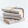 Stack of Four Gray Textured Books Tied With Twine With String of Beads on White Royalty Free Stock Photo