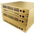 Stack of Four Golden Server Rack Cases with Vents and Circular Openings on White Background Royalty Free Stock Photo