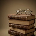 A stack of four leather-bound books, positioned neatly with the spine facing outward, Royalty Free Stock Photo