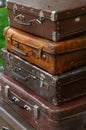 Stack of old vintage travel suitcases close up Royalty Free Stock Photo