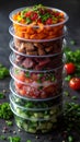 A stack of four plastic containers filled with food