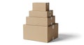 Stack of four cardboard boxes of varying sizes sealed with tape on white Royalty Free Stock Photo