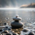 A stack of four smooth stones forms a small cairn in a shallo Royalty Free Stock Photo