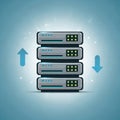 Stack of four stylized servers with blue and green accents on a gradient blue Royalty Free Stock Photo