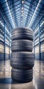 A stack of four tires is shown in a large, empty building.