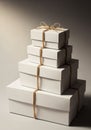 A stack of four white gift boxes, each tied with brown twine, arranged in descending Royalty Free Stock Photo