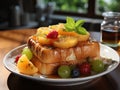 A stack of french toast sitting on top of a plate. Generative AI image Royalty Free Stock Photo