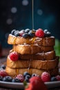 A stack of french toast with syrup and berries. Generative AI image.