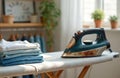 Stack of fresh clean blue, white cotton clothes waits for daily ironing on board. Old broken rusty iron sits next to laundry. Royalty Free Stock Photo