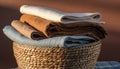 Stack of fresh, clean natural fabric textiles in rustic basket. Royalty Free Stock Photo