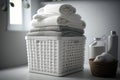 Stack of fresh clean towels in the wicker basket on the table. AI generation Royalty Free Stock Photo