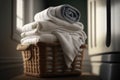 Stack of fresh clean towels in the wicker basket on the table. AI generation Royalty Free Stock Photo