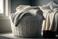 Stack of fresh clean towels in the wicker basket on the table. AI generation Royalty Free Stock Photo