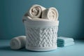 Stack of fresh clean towels in the wicker basket on the table. AI generation Royalty Free Stock Photo