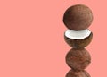 Stack of fresh coconuts on coral color background. Space for text