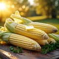 Stacked Corn on the Cob with Butter and Parsley in Sunlight fresh corn melting butter Royalty Free Stock Photo