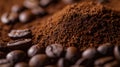 Stack of ground coffee and coffee beans. AI generated.