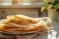 Stack of fresh homemade crepes on plate. Generative AI