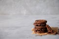 Stack of fresh homemade crispy cookies with dark chocolate.On a gray background. Copy space Royalty Free Stock Photo