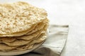 Stack of fresh homemade flat bread pita on plate. Copy space for text