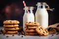 Stack of fresh oatmeal biscuits with chocolate krispies and glass milk bottle with straw on dark background