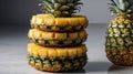 A stack of fresh pineapple slices with a whole pineapple beside them on a marble surface Royalty Free Stock Photo