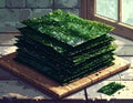 Stack of Fresh Seaweed on Wooden Cutting Board in Kitchen Royalty Free Stock Photo