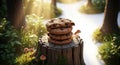 Chocolate Chip Cookie Stack on a Woodland Stump with Fairy Tale Mushroom Royalty Free Stock Photo