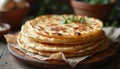 Stack of Freshly Baked Flatbread on Rustic Wooden Board, Perfect for Culinary Blogs Royalty Free Stock Photo