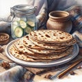 A stack of freshly baked flatbreads on a plate with spices nearby Royalty Free Stock Photo