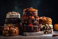 stack of freshly baked fruitcakes with different fillings and toppings