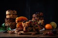 stack of freshly baked fruitcakes with different fillings and toppings