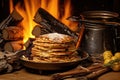 stack of freshly cooked pancakes on a plate beside a roaring campfire